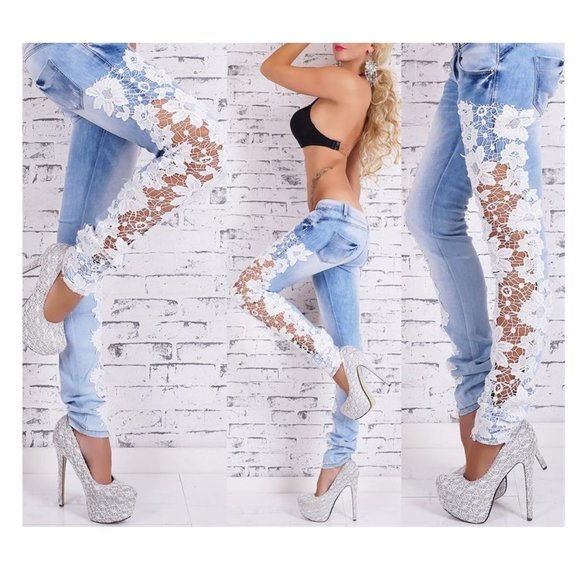 Faded Mid Rise Skinny Jeans with see through side lace Skinny Jeans - Picture 6 of 7